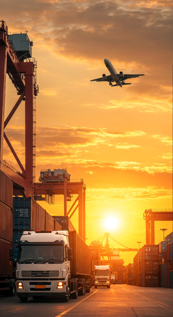 shipping logistics with truck airplane sunset