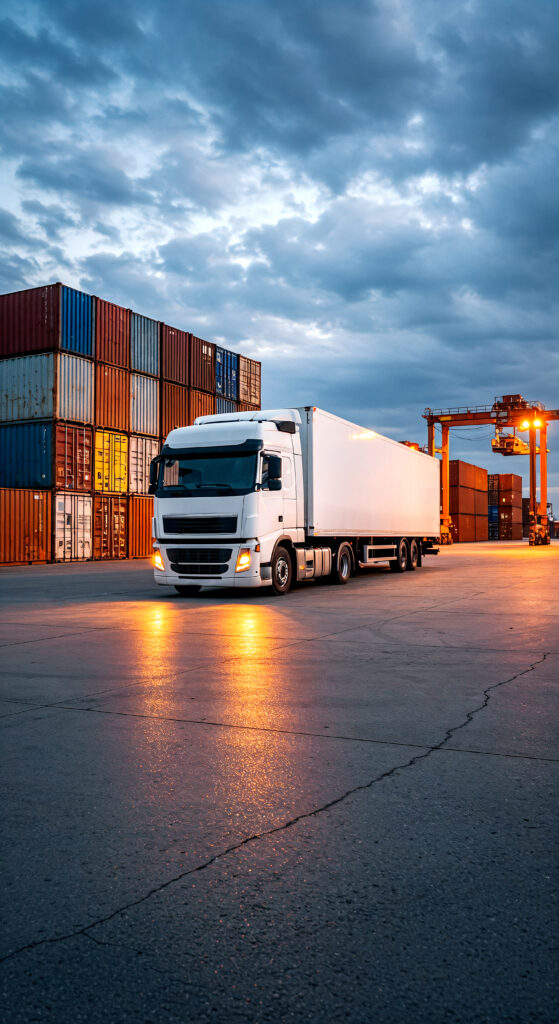 white semi trailer truck port